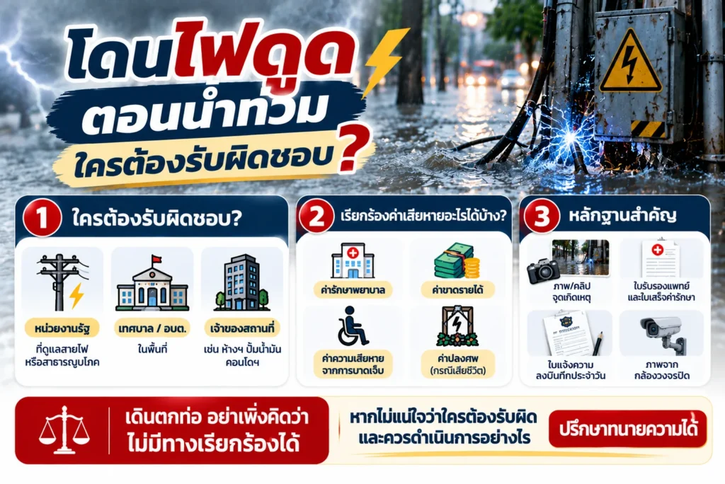 โดนไฟดูดตอนน้ำท่วม ใครต้องรับผิดชอบ เรียกร้องค่าเสียหายอะไรได้บ้าง