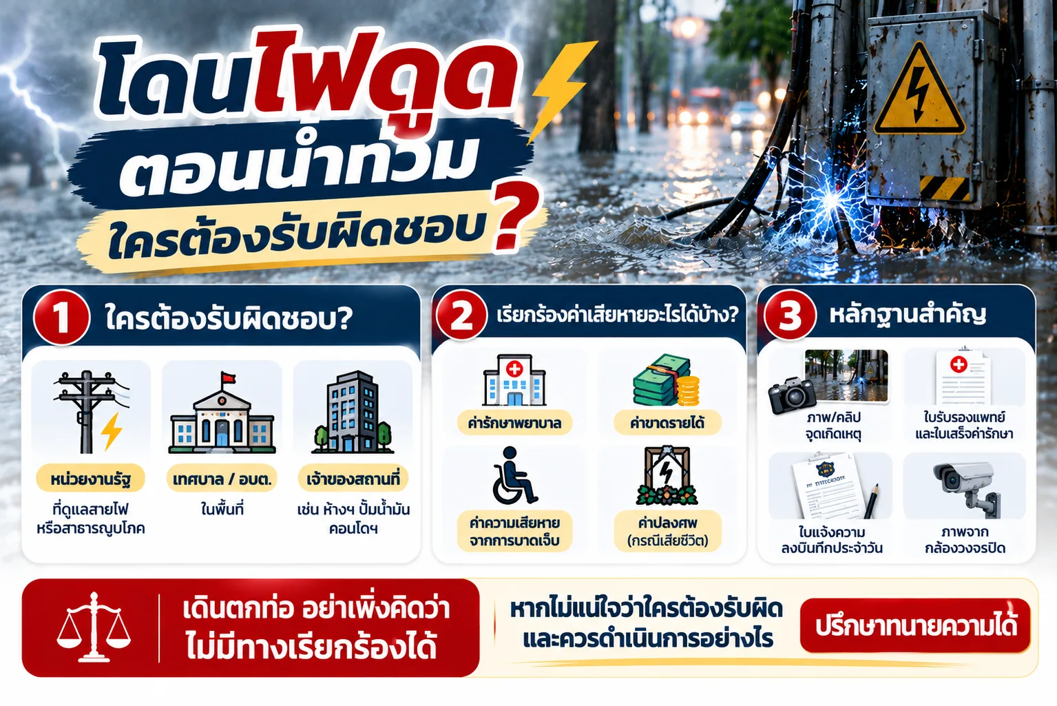 โดนไฟดูดตอนน้ำท่วม ใครต้องรับผิดชอบ เรียกร้องค่าเสียหายอะไรได้บ้าง