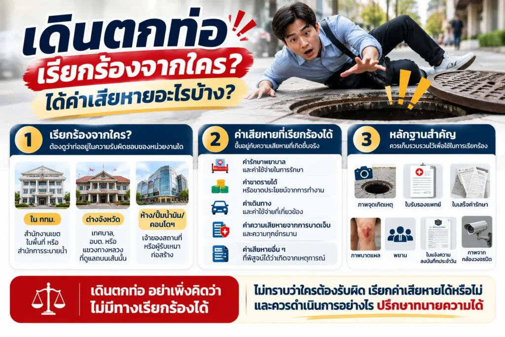 เดินตกท่อ เรียกร้องจากใคร? ได้ค่าเสียหายอะไรบ้าง?